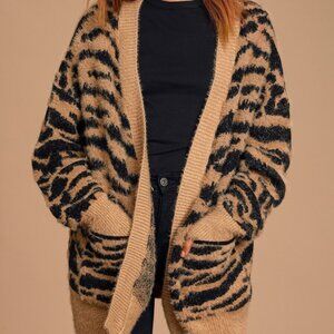 Lulus Fierce Feelings Tan Tiger Print Eyelash Knit Cardigan Sweater Beige